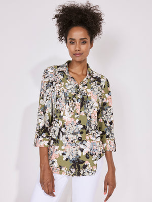 Roz & Ali Olive & Coral Floral Pintuck Popover - 1