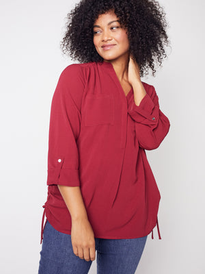 Roz & Ali Three Quarter Sleeve Side Tie Popover Blouse - Plus - 6