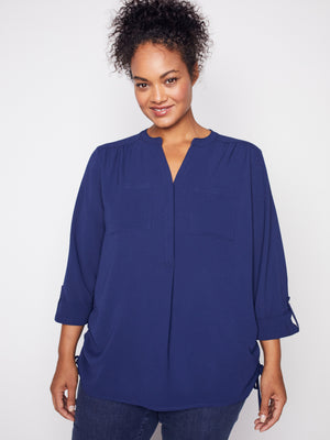 Roz & Ali Three Quarter Sleeve Side Tie Popover Blouse - Plus - 7