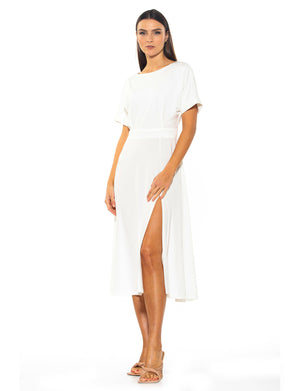 Lana Draped Boatneck Neckline Bodice Midi Dress With Slit - 13
