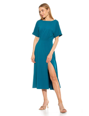 Lana Draped Boatneck Neckline Bodice Midi Dress With Slit - 34
