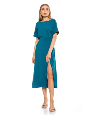 Lana Draped Boatneck Neckline Bodice Midi Dress With Slit - 35