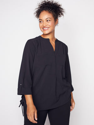 Roz & Ali Three Quarter Sleeve Side Tie Popover Blouse - Plus - 20