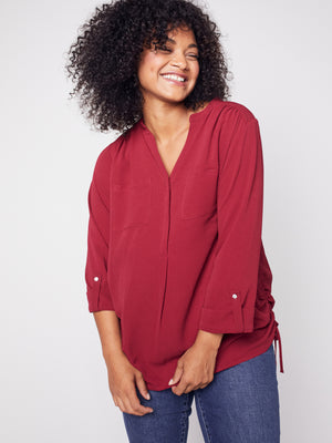 Roz & Ali Three Quarter Sleeve Side Tie Popover Blouse - Plus - 5