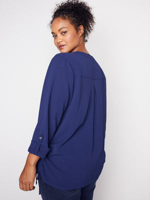 Roz & Ali Three Quarter Sleeve Side Tie Popover Blouse - Plus - 12