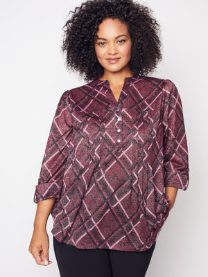 Roz & Ali Wine Lurex Plaid Popover - Plus - 8