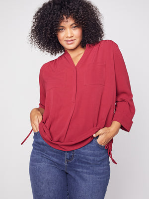Roz & Ali Three Quarter Sleeve Side Tie Popover Blouse - Plus - 1