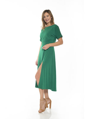 Lana Draped Boatneck Neckline Bodice Midi Dress With Slit - 26