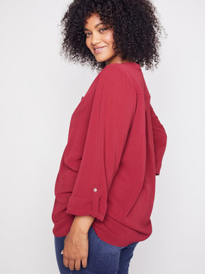Roz & Ali Three Quarter Sleeve Side Tie Popover Blouse - Plus - 3