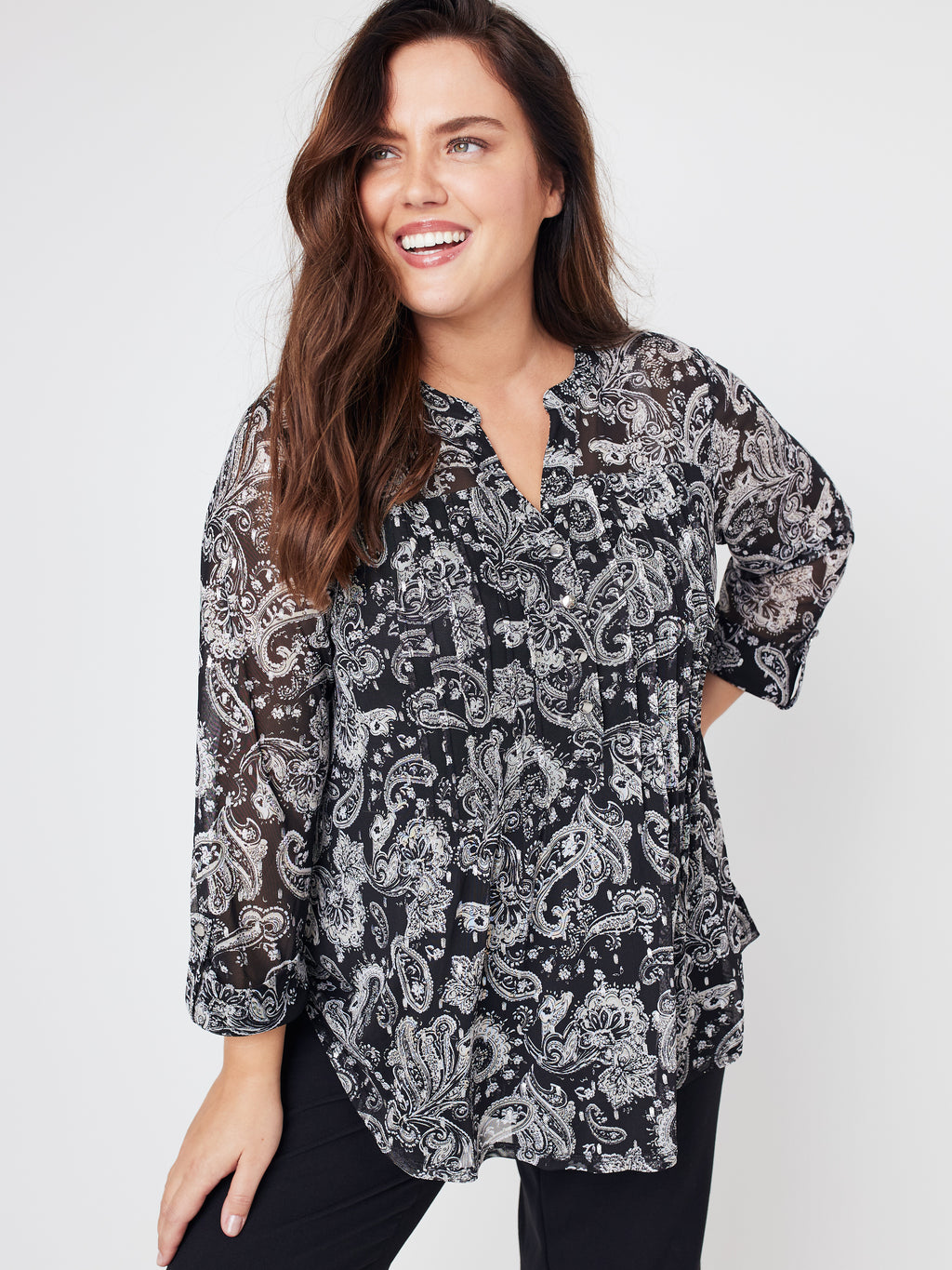 Roz & Ali Paisley Foil Mesh Popover - Plus