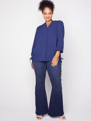Roz & Ali Three Quarter Sleeve Side Tie Popover Blouse - Plus - 13
