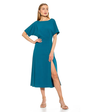 Lana Draped Boatneck Neckline Bodice Midi Dress With Slit - 30