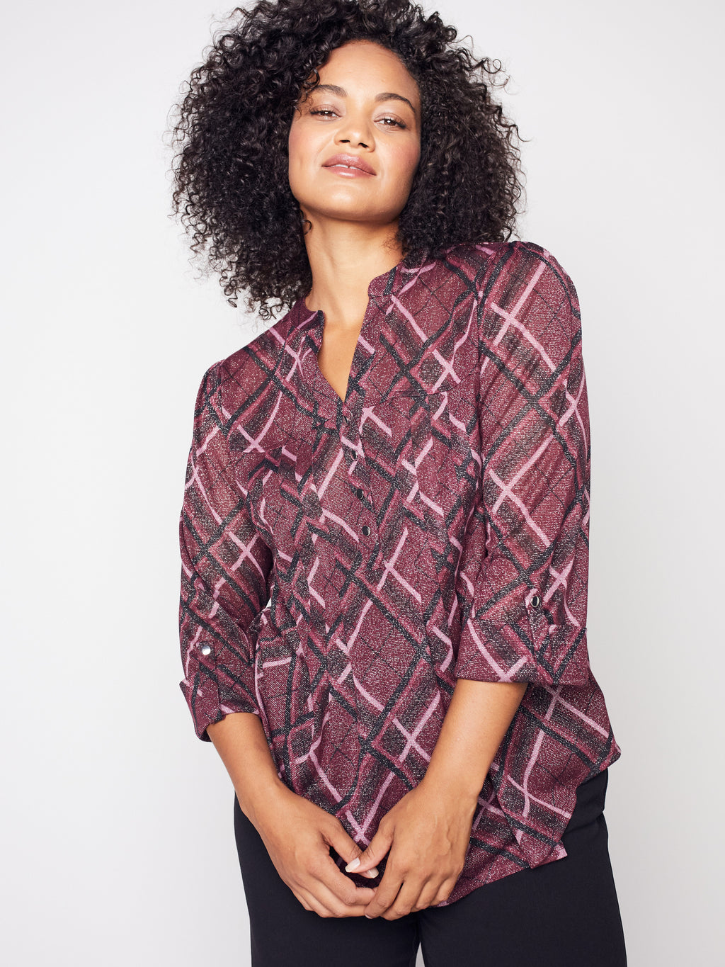 Roz & Ali Wine Lurex Plaid Popover - Plus