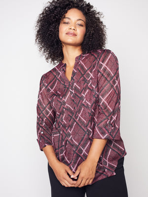 Roz & Ali Wine Lurex Plaid Popover - Plus - 1