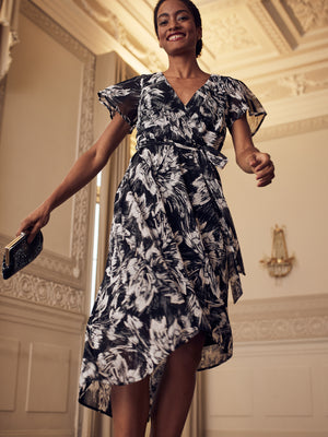 High Low Black/Taupe Floral Mesh Wrap Dress - 8