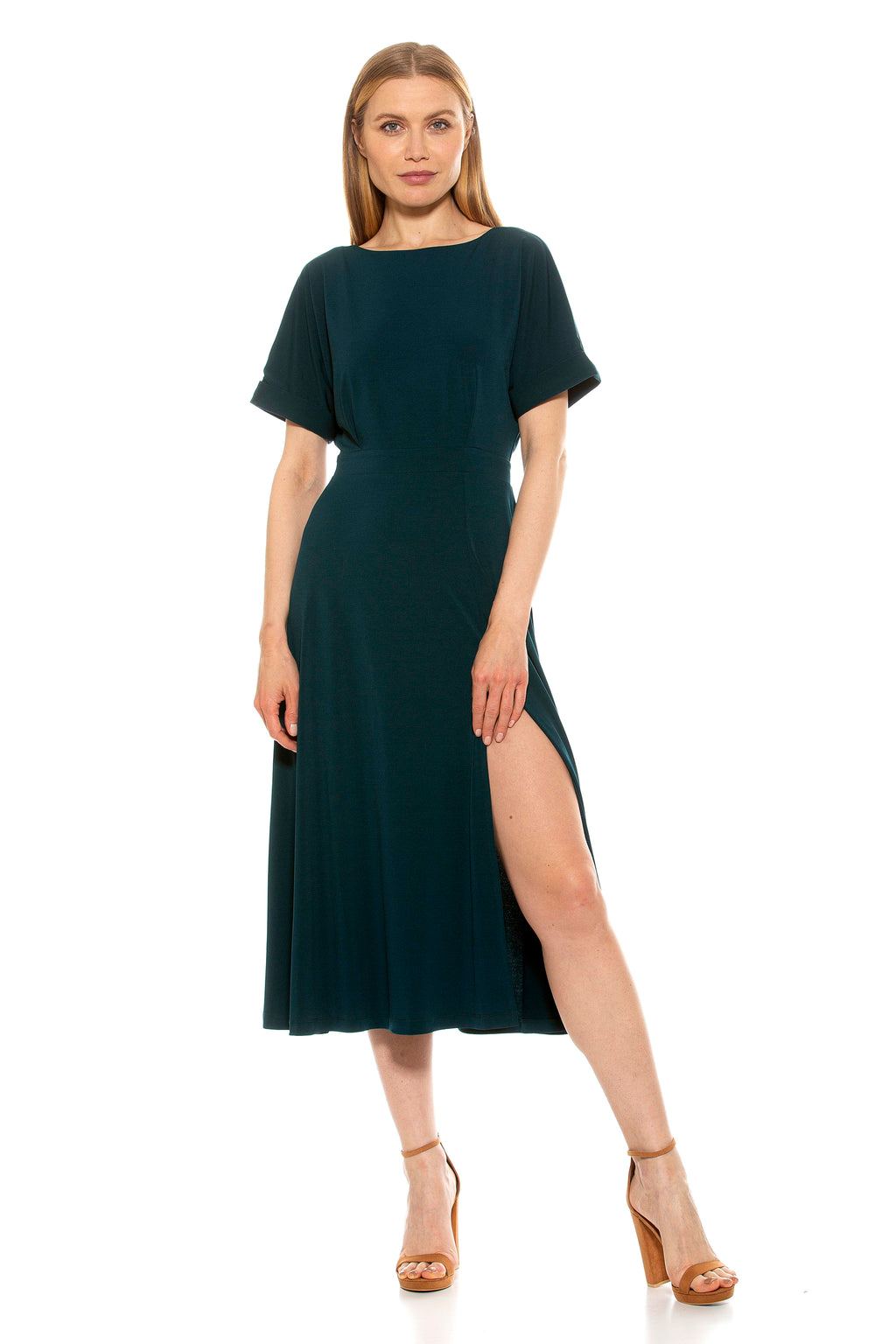 Lana Draped Boatneck Neckline Bodice Midi Dress With Slit