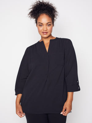 Roz & Ali Three Quarter Sleeve Side Tie Popover Blouse - Plus - 15